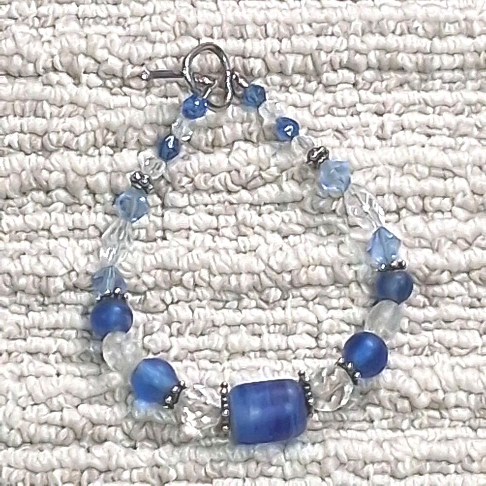 Blue Clear Beaded Bracelet Silver Tone Heart Toggle Clasp Beaded Strand Jewelry